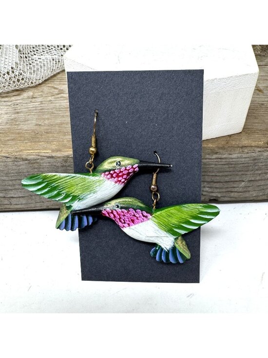 None Jewelry - Hummingbird Hand Painted Wood Earrings Pierced French Wires